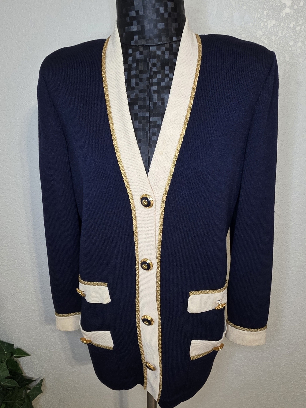 St. John Navy Blazer with Cream Trim and Gold Accents